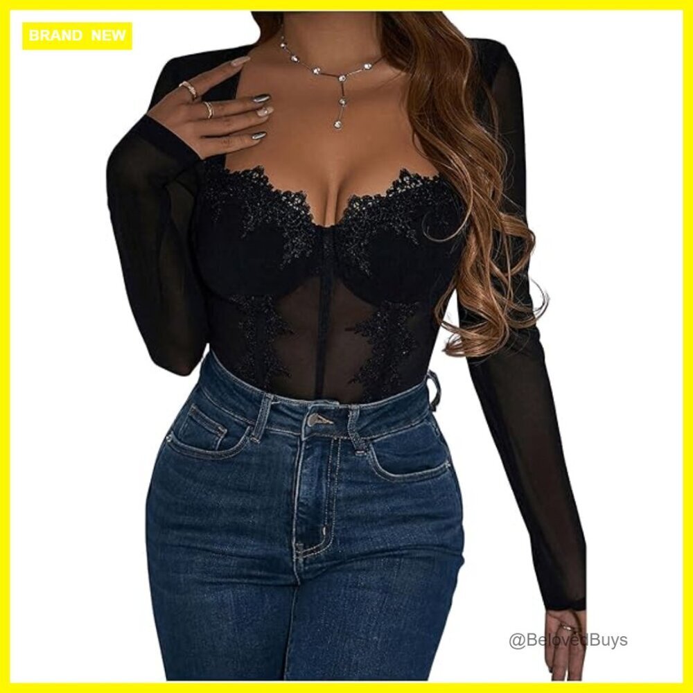 Long Sleeve Bodysuit Floral Lace Sweetheart Neck Slim Fit Polyester Medium